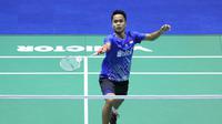 Aksi Anthony Sinisuka Ginting pada perempat final Kejuaraan Dunia Bulutangkis 2019, di Changzhou, Jumat (20/9/2019). (PBSI)