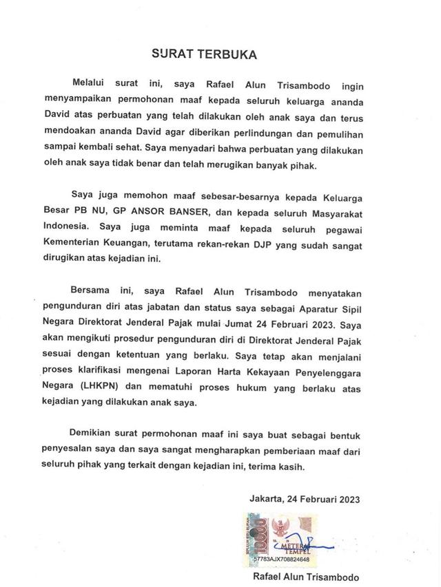 Surat terbuka Rafael Alun Trisambodo yang berisi pengunduran dirinya sebagai Pegawai Negeri Sipil (PNS) di DJP dan permintaan maaf atas perbuatan yang dilakukan anaknya. (Istimewa)