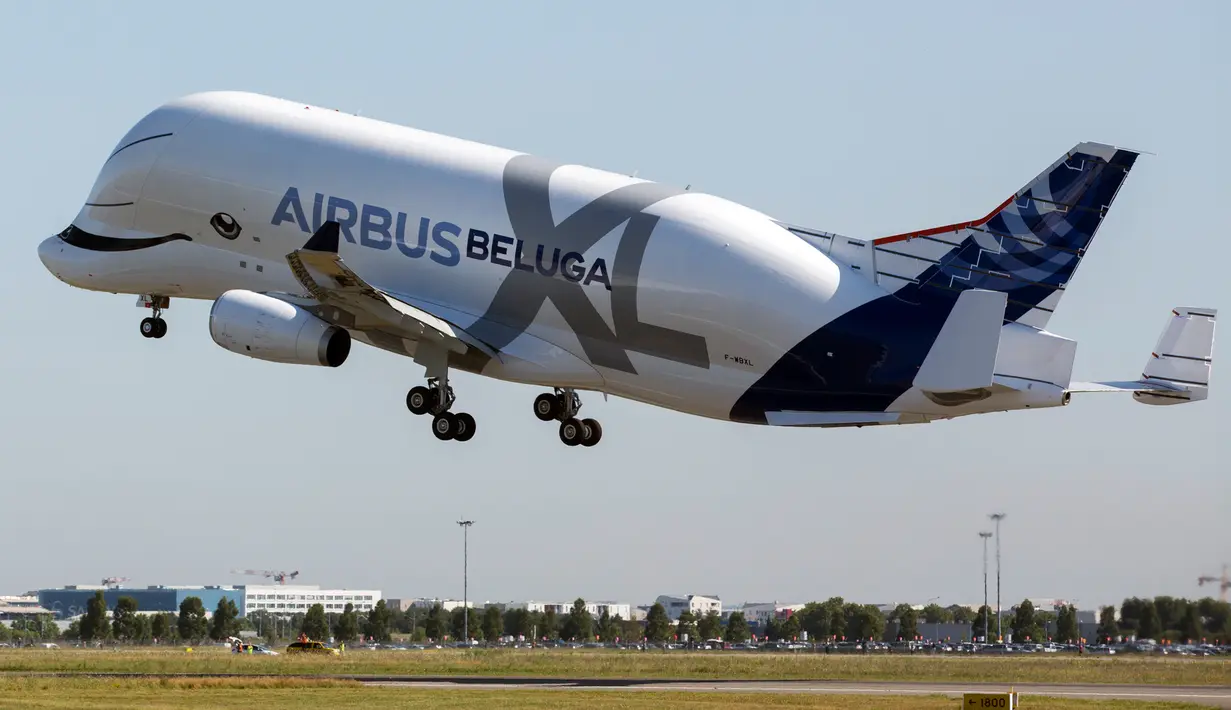 Pesawat Airbus Beluga XL melakukan uji coba penerbangan perdananya di bandara Toulouse-Blagnac, Prancis, Kamis (19/7). Pesawat yang dijuluki 'paus terbang' ini akan diuji coba selama 10 bulan. (AP/Frederic Scheiber)