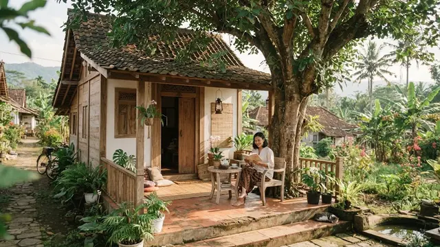 Inspirasi rumah mungil dengan teras teduh di desa dan cocok untuk slow living model dengan pohon peneduh