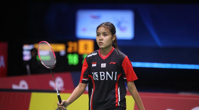<p>Turun sebagai tunggal putri ketiga, Bilqis Prasista menyempurnakan kemenangan Indonesia menjadi 5-0 atas Jerman pada penyisihan Grup A Piala Uber 2022 di Impact Arena, Bangkok, Thailand, Selasa (10/5). (foto: PBSI)</p>