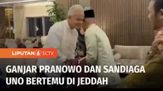Menteri Pariwisata dan Ekonomi Kreatif Sandiaga Uno bertemu Gubernur Jawa Tengah, Ganjar Pranowo, di Bandara King Abdulaziz International Airport, Jeddah, Arab Saudi, usai melaksanakan ibadah haji. Sandi dan Ganjar kembali ke Indonesia dengan pesawat...