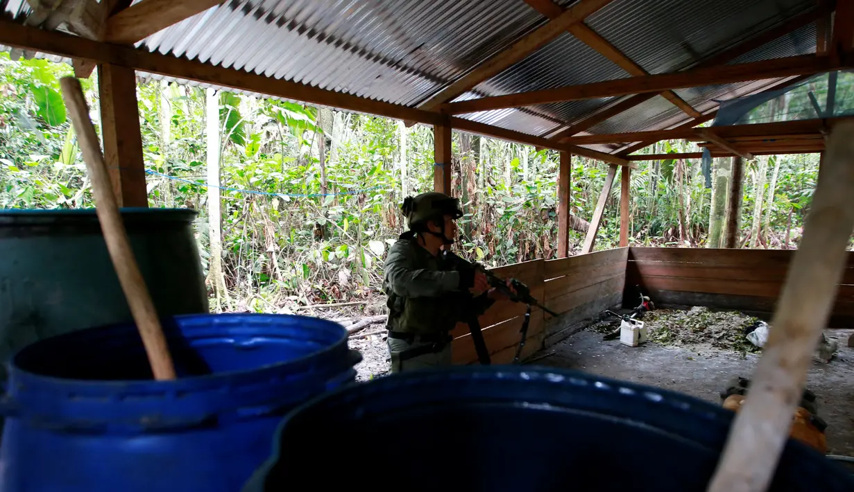 Polisi antinarkotika Kolombia menggerebek laboratorium pembuatan kokain di tengah hutan, Desa Calamar, Guaviare, Kolombia, Selasa (2/8). Kolombia sedang melakukan operasi besar memberantas budidaya koka.(REUTERS/John Vizcaino)