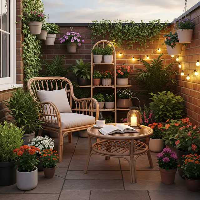 Desain Teras Kecil dengan Kursi Rotan dan Meja Kopi