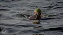 Supardi berenang untuk mencari kerang hijau di dekat kapal Tongkang di kawasan pesisir Cilincing, Jakarta, Jumat (17/6). (Liputan6.com/Faizal Fanani)