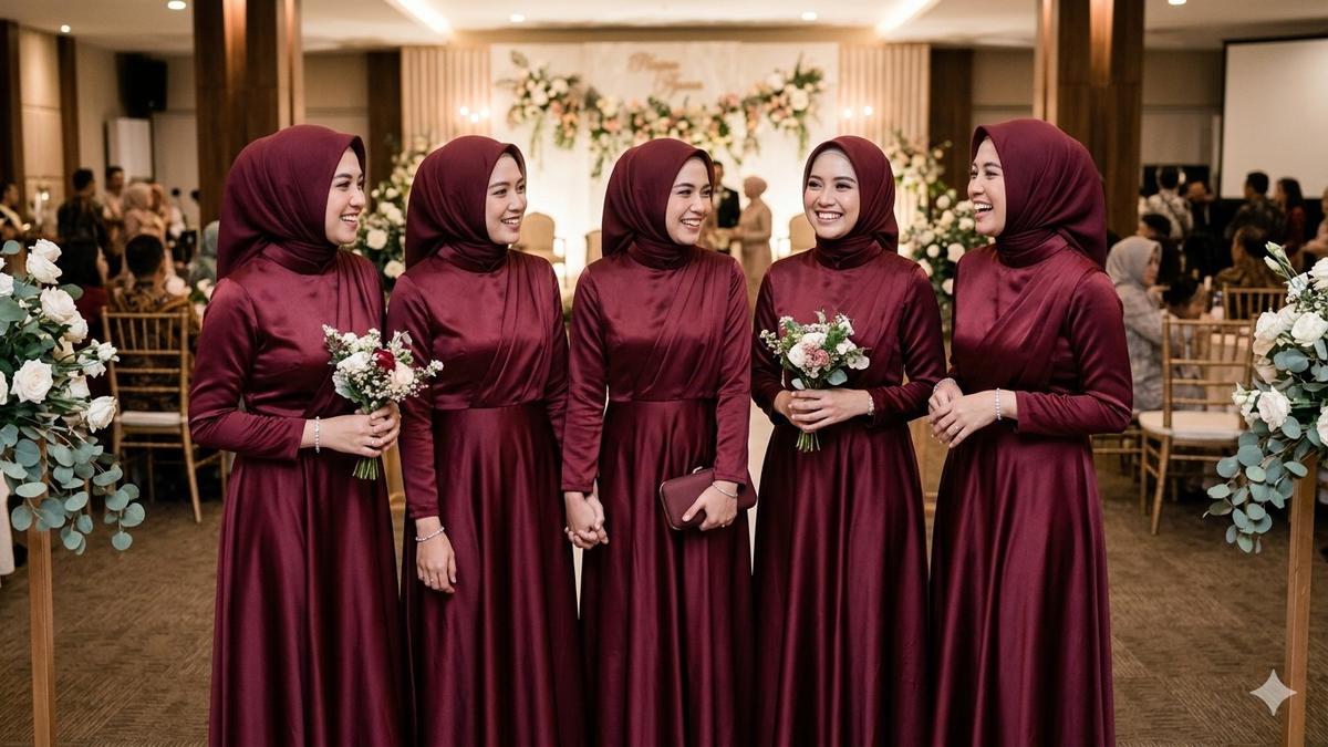 7 Seragam Bridesmaid Model Dress Satin Hijab yang Elegan dan Kekinian