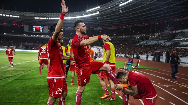 Striker Persija Jakarta, Marko Simic, merayakan gol ke gawang Bali United pada final Piala Presiden di SUGBK, Jakarta, Sabtu (17/2/2018). (Bola.com/Vitalis Yogi Trisna)