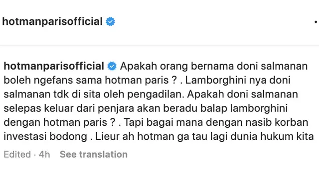 Unggahan Hotman Paris soal Doni Salmanan. (Foto: Dok. Instagram @hotmanparisofficial)