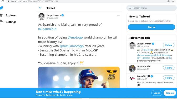 Ucapan selamat kepada Joan Mir sebagai juara dunia MotoGP datang dari Jorge Lorenzo (Twitter)