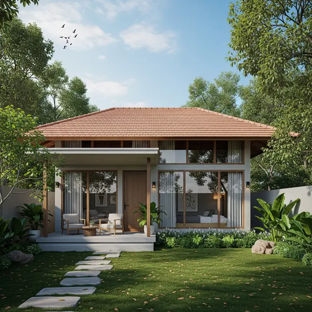 Desain Rumah Minimalis di Kampung tapi Terlihat Seperti Resort Mewah di Tengah Alam (Image by Gemini AI)