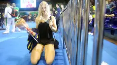Atlet Wushu Asal Swedia, Elin Oberg usai merai medali perak pada Cabang Sanda Kejuaraan Dunia Wushu 2015 di Istora, Senayan, Jakarta,Rabu (18/11/2015). (Bola.com/Nicklas Hanoatubun)