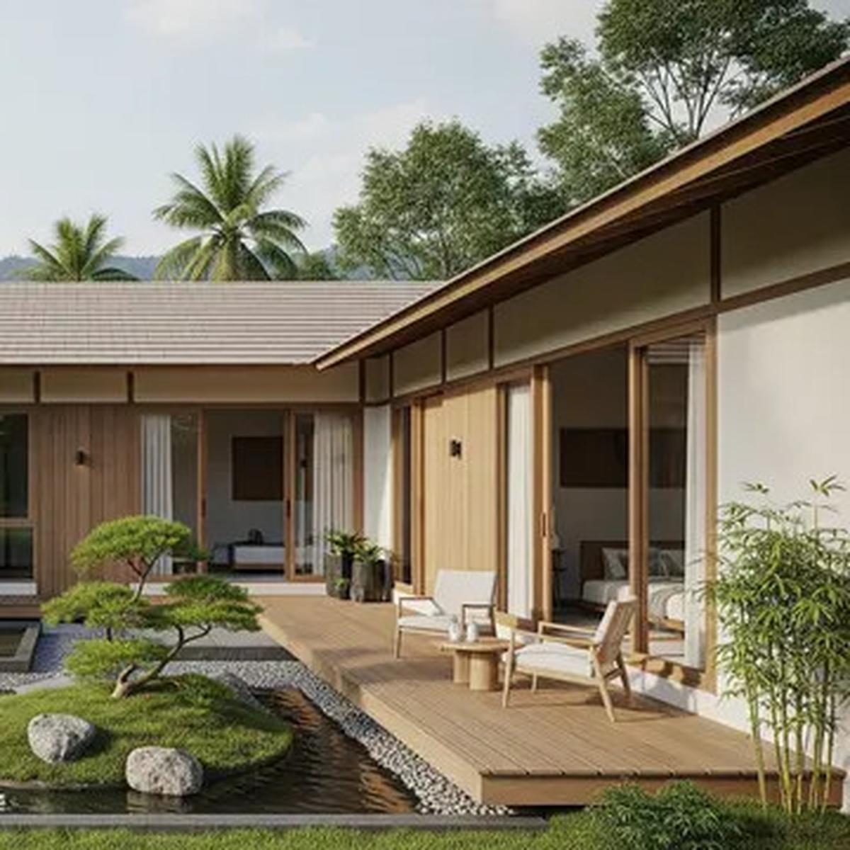 Rumah Gaya Japandi Modern dengan Taman Zen Mini dan Pemandangan Alam.