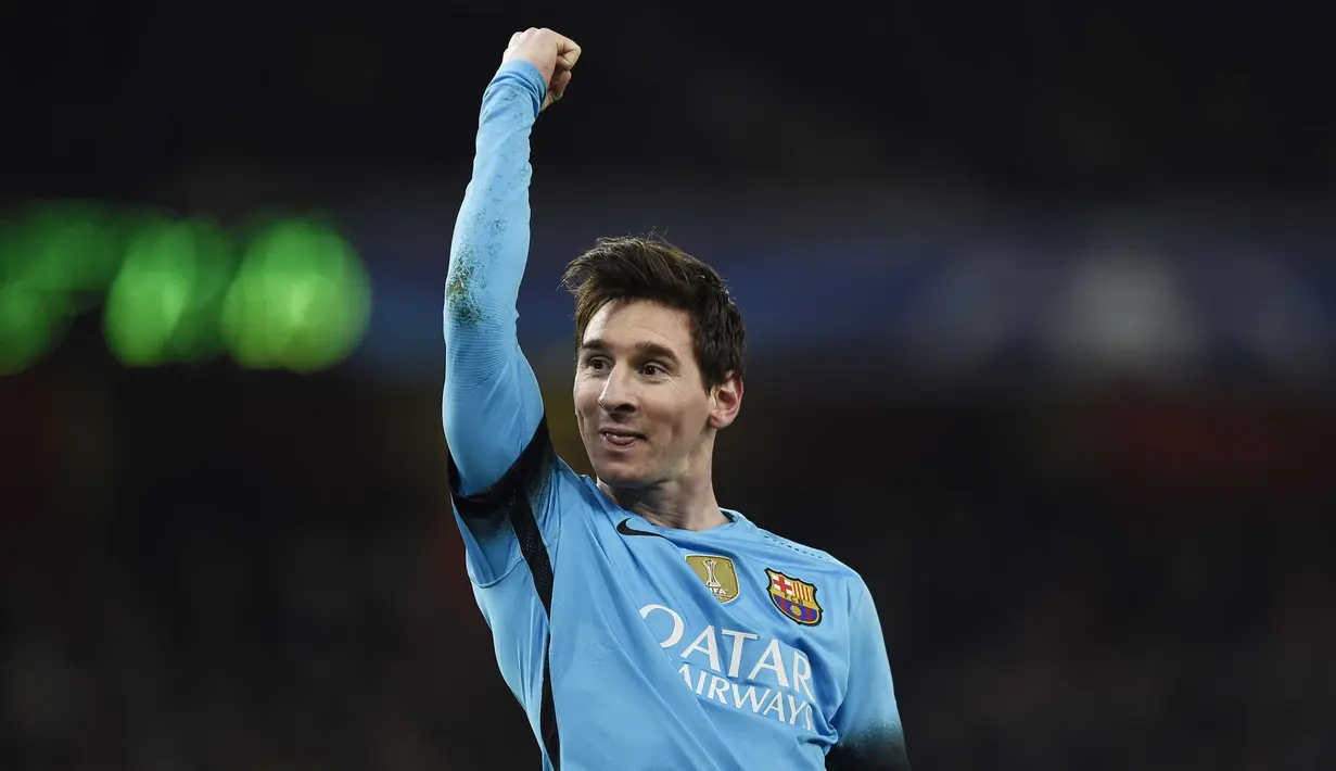 Lionel Messi merayakan golnya ke gawang Arsenalpada leg pertama babak 16 besar liga Champions di Stadion Emirates, Selasa (24/2/2016) dini hari WIB. (Reuters / Toby Melville)