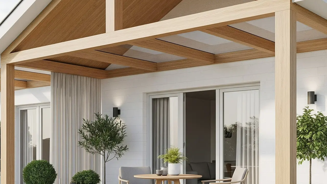 Model Teras Rumah Ala Skandinavia dengan Atap Kayu Terbuka yang Natural (Image by Gemini AI)