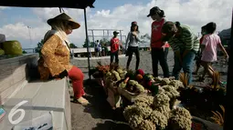 Wisatawan domestik menawar bunga di objek wisata kaliadem, Sleman, (3/7). Menjelang lebaran, wisatawan di lereng Merapi di dominasi oleh pemudik. (Liputan6.com/Boy Harjanto)