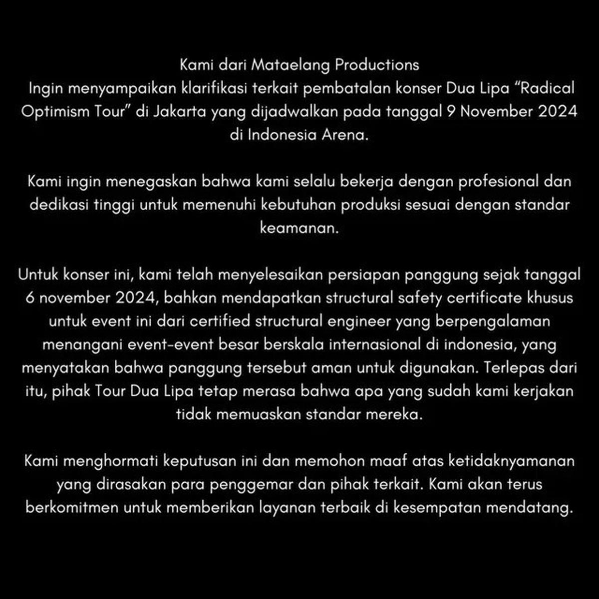 Konser Dua Lipa di Jakarta Batal H-1 Acara, Mata Elang Productions Sebut Panggung Sudah Sesuai Standar Keamanan