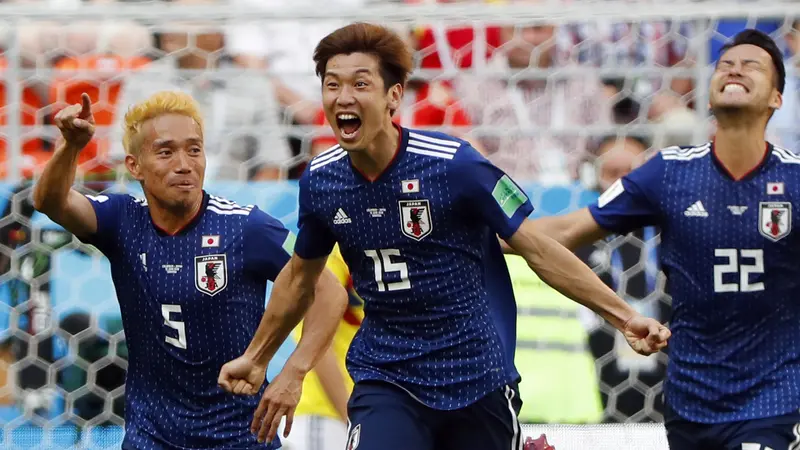 Timnas Jepang merayakan gol yang dibuat Yuya Osako ke gawang Kolombia di Piala Dunia 2018.