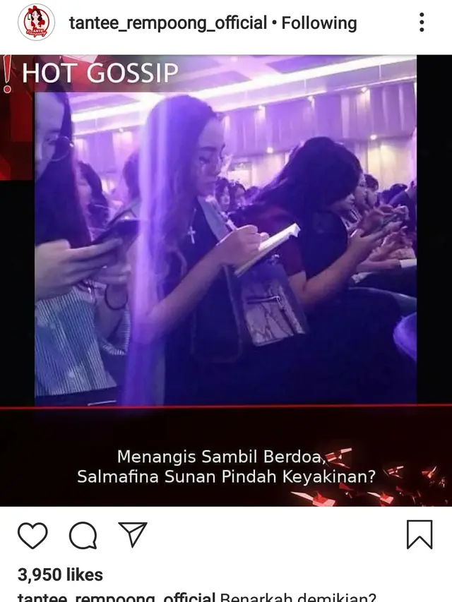 kabar Salmafina Sunan pindah keyakinan diunggah akun gosip (@tantee_rempoong_official)