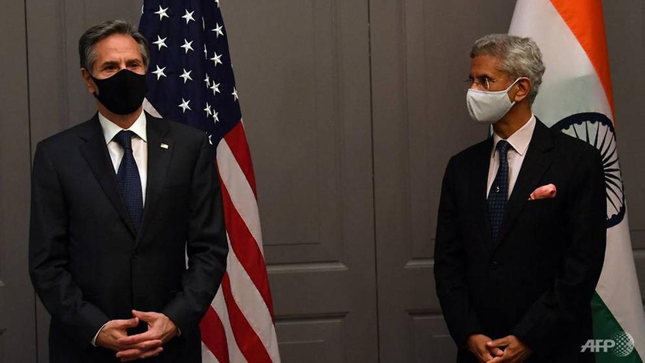 Menteri Luar Negeri AS Antony Blinken menghadiri konferensi pers dengan Menteri Luar Negeri India Subrahmanyam Jaishankar setelah pertemuan bilateral di London pada 3 Mei 2021, selama pertemuan para menteri luar negeri G7.