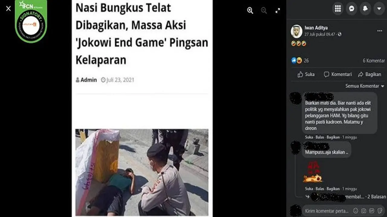 Gambar Tangkapan Layar Foto yang Diklaim Seorang Pendemo Jokowi End Game Pingsan Kelaparan (sumber: Facebook).