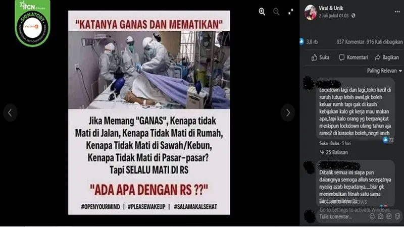 Gambar Tangkapan Layar Kabar Tidak Ada Pasien Covid-19 yang Meninggal Dunia Selain di Rumah Sakit (sumber: Facebook).