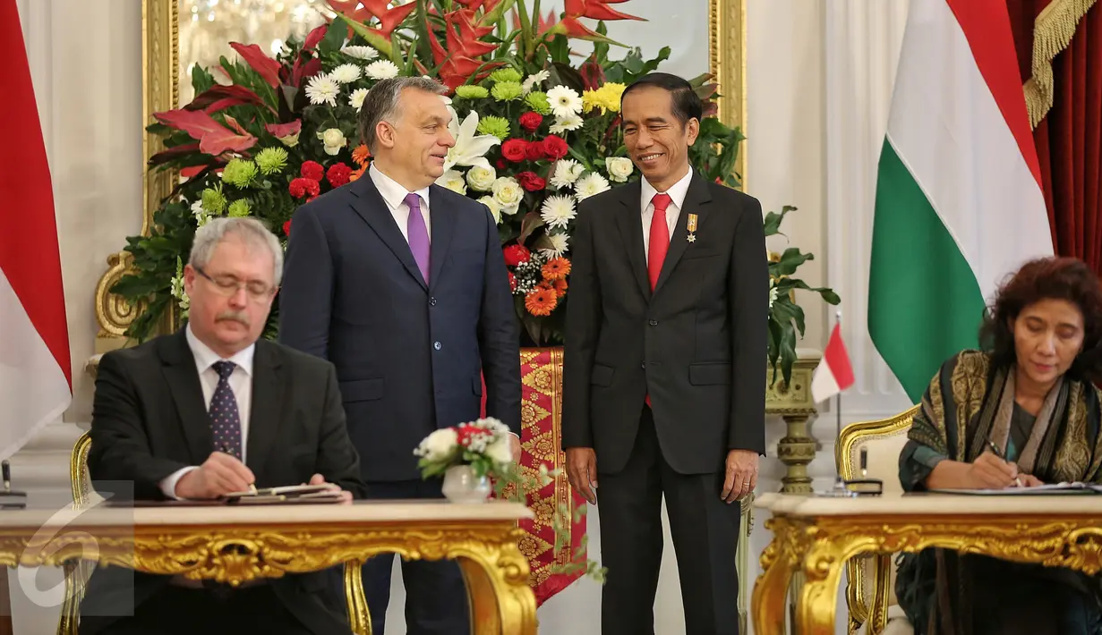 Presiden Joko Widodo (belakang kanan) dengan Perdana Menteri Hongaria, Y.M. Tuan Viktor Orban menyaksikan penandatangan MoU di Istana Merdeka, Jakarta, Senin (1/2). (Liputan6.com/Faizal Fanani)
