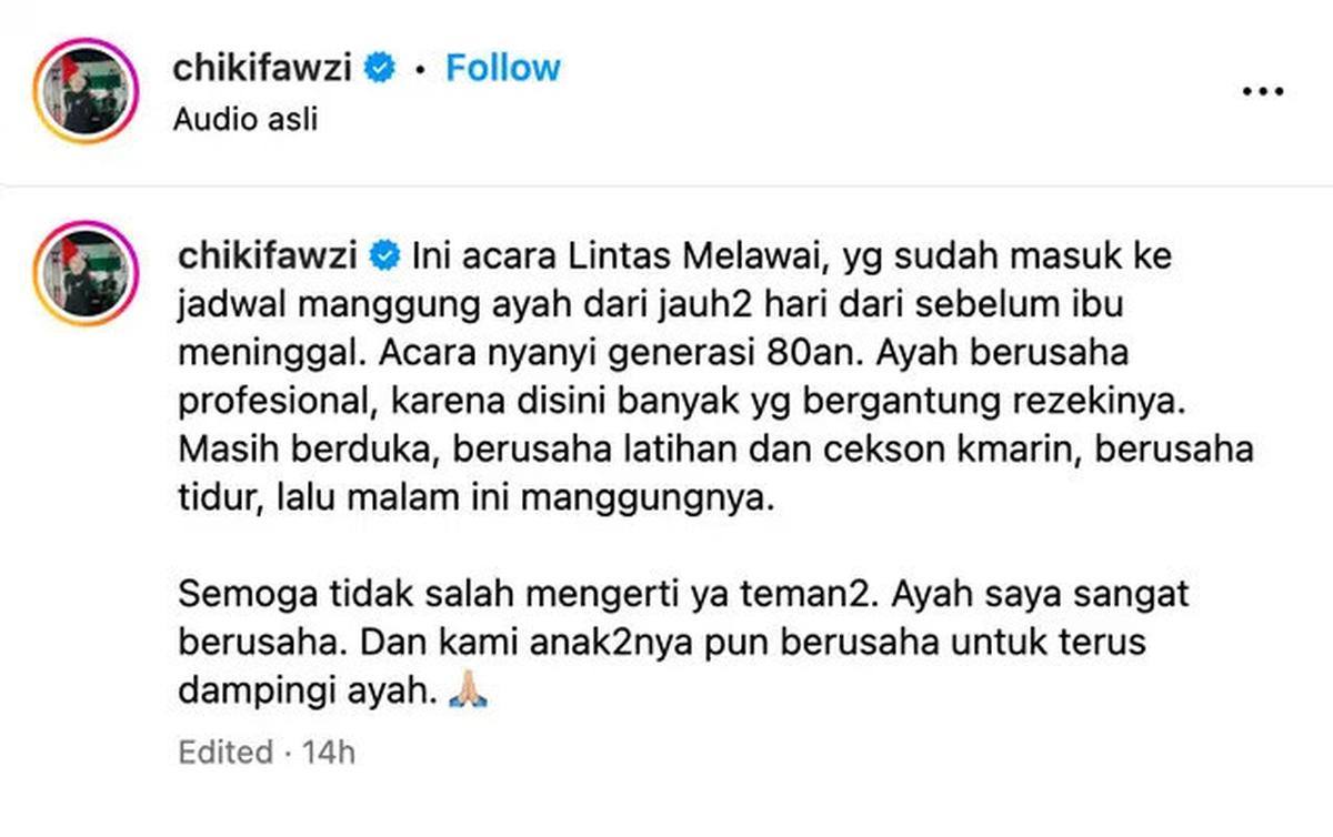 Chiki Fawzi Jelaskan Keputusan Ikang Fawzi Nyanyi Lagi: Masih Berduka, Berusaha Tidur Lalu Manggung