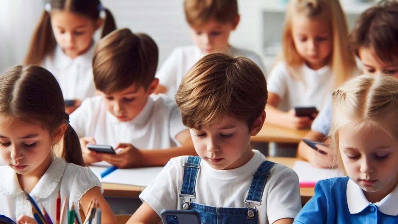ilustrasi anak sekolah main ponsel di kelas