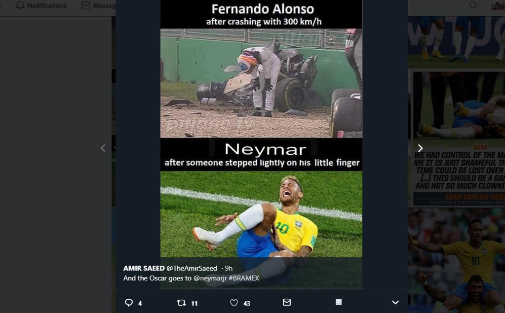 Neymar yang jatuh disenggol pemain lawan dibandingkan dengan pebalap F1 Fernando Alonso yang mobilnya nabrak tetapi masih bisa berdiri (Foto: Twitter @TheAmirSaeed)