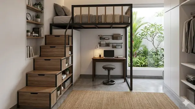 Mezzanine dengan Tangga Multifungsi yang Hemat Ruang