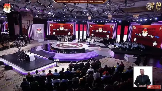 Ketiga Calon Wakil Presiden (Cawapres) yaitu Muhaimin Iskandar, Gibran Rakabuming Raka, dan Mahfud Md saat debat cawapres Pilpres 2024 yang digelar di JCC Senayan, Jakarta, Minggu (21/1/2024).