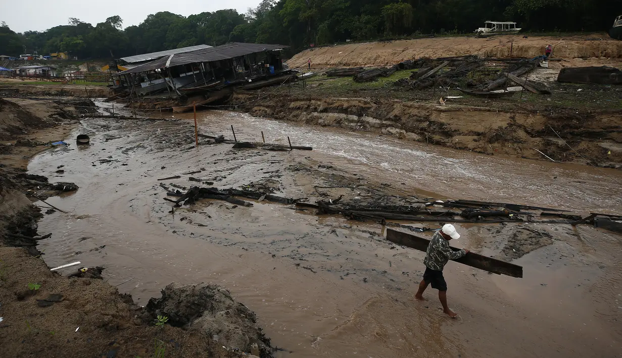 Sungai Negro, anak sungai terbesar kedua di Amazon, pada hari Senin mencapai tingkat terendah sejak pengukuran resmi dimulai di dekat Manaus 121 tahun yang lalu. (AP Photo/Edmar Barros)