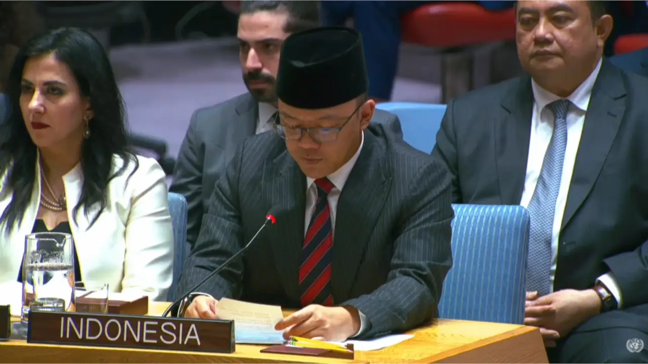 Menteri Luar Negeri Republik Indonesia Sugiono dalam rapat DK PBB mengenai situasi Timur Tengah, termasuk Palestina, di New York, Rabu (18/2/2026).