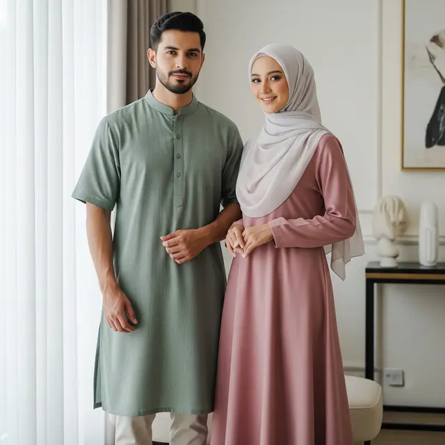 Pasangan pakai baju lebaran Paduan Linen dan Katun Madinah (Gemini AI)