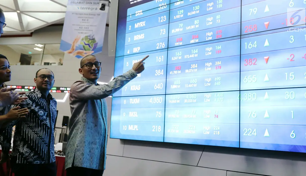 Wakil Gubernur DKI Jakarta Terpilih, Sandiaga Uno memerhatikan layar elektronik pergerakan saham di Bursa Efek Indonesia, Jumat (2/6). Sandi datang untuk membuka perdagangan saham sekaligus meluncurkan Oke Oce Stock Center. (Liputan6.com/Angga Yuniar)