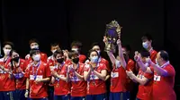 Tim bulutangkis China menjuarai Piala Sudirman 2021 setelah mengalahkan Jepang 3-1 di final, Minggu (3/10/2021). (Markku Ulander/Lehtikuva via AP)
