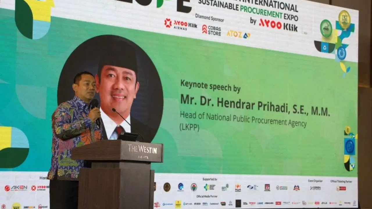 Kepala Lembaga Kebijakan Pengadaan Barang/Jasa Pemerintah (LKPP) Hendrar Prihadi dalam acara Indonesia International Sustainable Procurement Expo (I2SPE) 2023. (Dok AKEN)