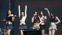 Minji, Danielle, Hyein, Haerin, dan Hanni NewJeans perform di hari pertama Lollapalooza Music Festival. Mereka tampil memukau di hadapan ribuan penonton. (Photo by Amy Harris/Invision/AP)