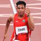 Atlet asal Lombok itu membukukan waktu 10,26 detik, tertinggal hanya 0,22 detik di belakang sprinter Afrika Selatan, Gift Leotlela, yang menjadi sprinter tercepat dalam lomba heat 4 ini. (Dok NOC Indonesia)