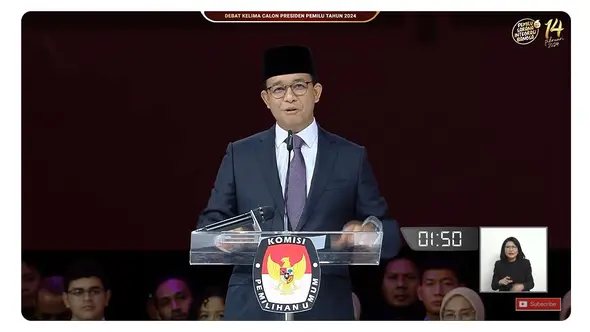 <p>Calon Presiden (Capres) nomor urut 01 Anies Baswedan&nbsp;saat membacakan visi misi di debat Pilpres 2024 terakhir yang digelar Minggu (4/2/2024) di Jakarta Convention Center (JCC), Senayan, Jakarta Pusat. (Tangkapan Layar YouTube KPU RI)</p>