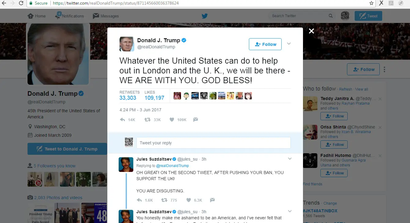 Respons Presiden Amerika Serikat Donald Trump atas Teror London 3 Juni 2017 (Twitter)