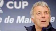 Marseille coach Eric Gerets of Belgium speaks during a press conference in the Commanderie stadium in Marseille on March 5, 2008 on the eve of the UEFA football cup match against Saint-Petersburg. AFP PHOTO BORIS HORVAT