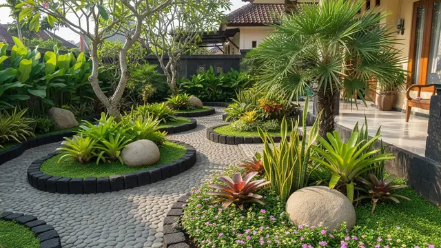 desain kebun rumah tropis di halaman depan yang mudah dirawat