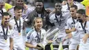 Real Madrid baru saja menambah koleksi gelarnya dengan menjuarai Piala Super Eropa 2024 usai mengalahkan Atalanta dengan skor 2-0 di Narodowy Stadium, Warsawa, Polandia (15/8/2024). Keberhasilan Los Blancos meraih trofi Piala Super Eropa 2024 juga sekaligus menahbiskan Luka Modric sebagai pemain Real Madrid dengan koleksi trofi terbanyak sepanjang sejarah klub. Berikut daftar 5 pemain Real Madrid dengan koleksi trofi terbanyak sepanjang sejarah. (AP Photo/Darko Bandic)