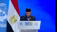 Wakil Presiden Ma'ruf Amin berpidato di KTT COP27 yang digelar di Sharm El Sheikh, Mesir, Senin (7/11/2022). (dok. BPMI-Setwapres)