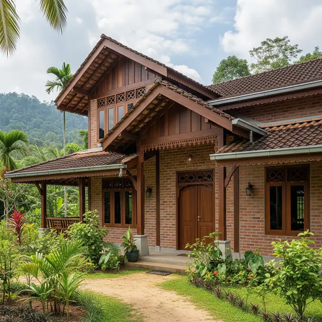 Desain Rumah Kampung dengan Dinding Bata Ekspos dan Kayu Jati (AI)