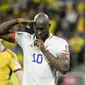 Penyerang&nbsp;Belgia Romelu Lukaku merayakan gol pertama timnya dalam pertandingan Kualifikasi Piala Eropa 2024&nbsp;Grup F melawan Swedia di Friends Arena, Sabtu (25/3/2023) dini hari WIB. (Anders Wiklund/TT News Agency via AP)