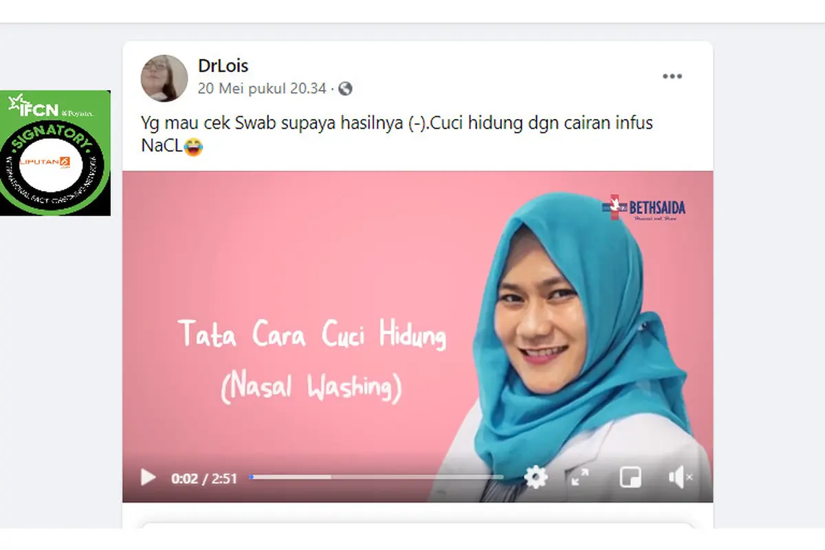 Klaim video mencuci hidung dengan cairan infus agar hasil swab tes negatif