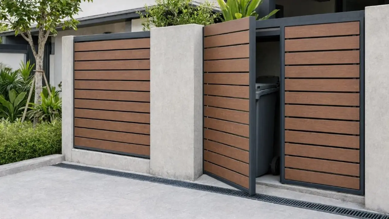 Model Tempat Sampah Tertutup yang Menyatu dengan Desain Pagar