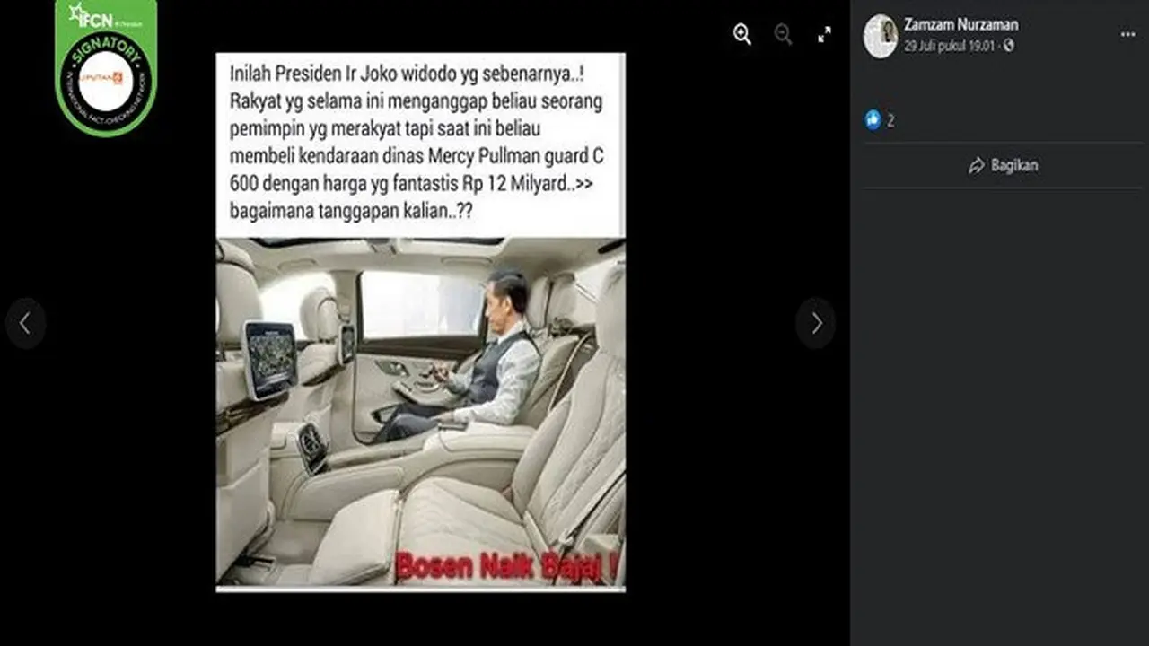 Gambar Tangkapan Layar Foto yang Diklaim Presiden Jokowi Naik Mobil Dinas Mewah (sumber: Facebook).
